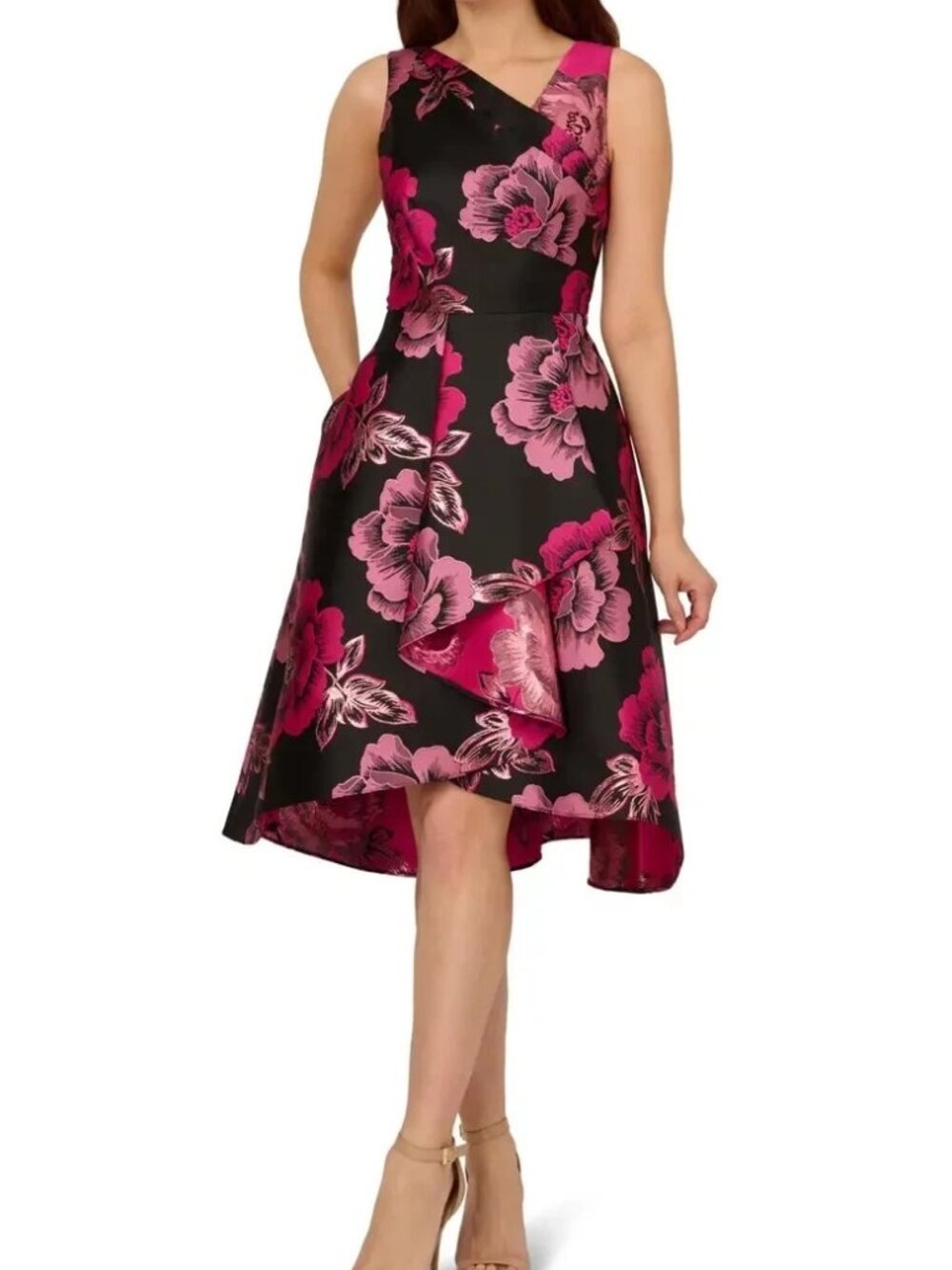 Adrianna Papell Black Pink Floral Jacquard High-Low Dress